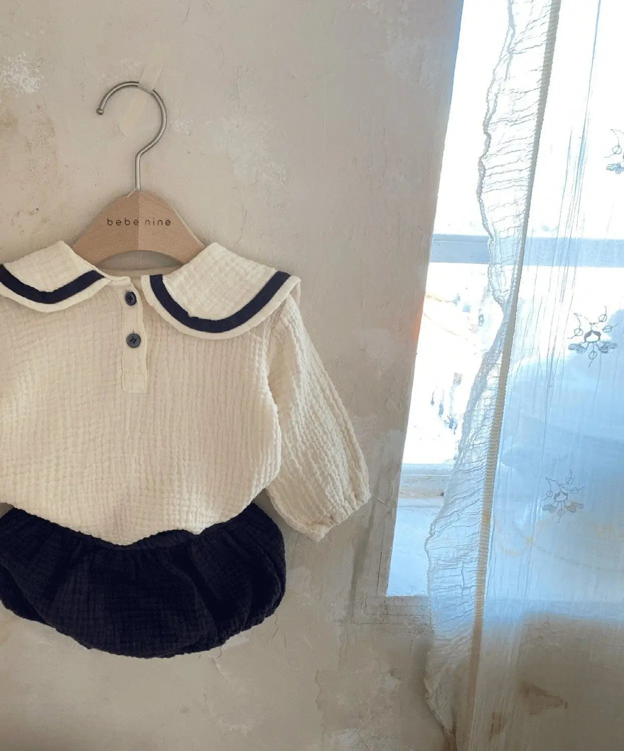 Organic Cotton Lapel Navy Style Long Sleeve Tops + Shorts