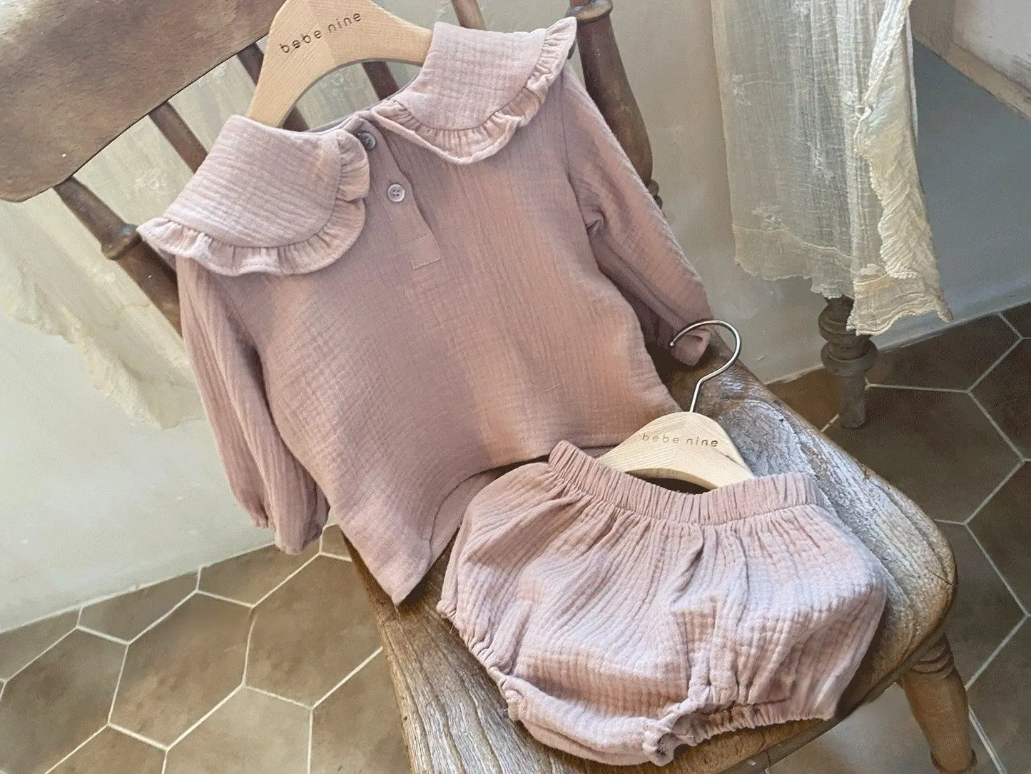 Organic Cotton Lapel Navy Style Long Sleeve Tops + Shorts