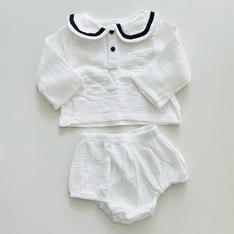 Organic Cotton Lapel Navy Style Long Sleeve Tops + Shorts