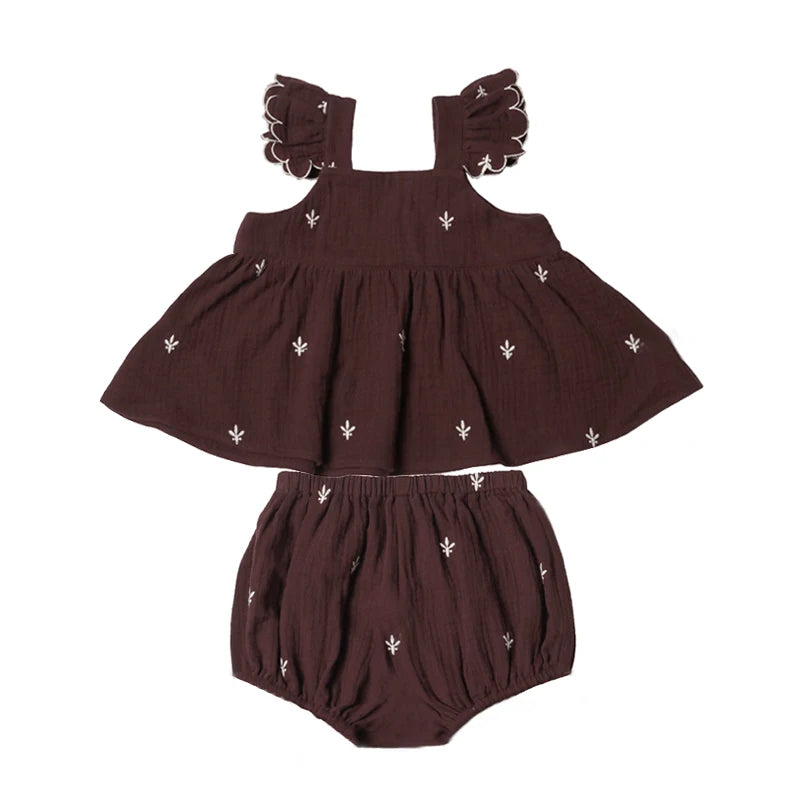 2Pcs Organic Cotton Baby Girl Clothes Sets Ruffles Sleeves Summer Infant Girls Dress + Bloomer Baby Beach Holiday Clothes