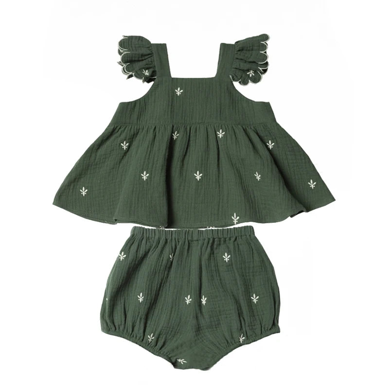 2Pcs Organic Cotton Baby Girl Clothes Sets Ruffles Sleeves Summer Infant Girls Dress + Bloomer Baby Beach Holiday Clothes