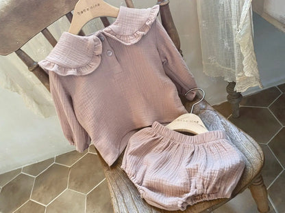 Organic Cotton Lapel Navy Style Long Sleeve Tops + Shorts