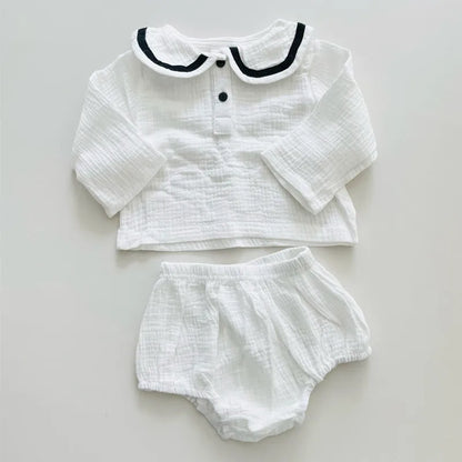 Organic Cotton Lapel Navy Style Long Sleeve Tops + Shorts