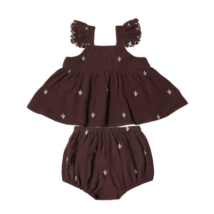 2Pcs Organic Cotton Baby Girl Clothes Sets Ruffles Sleeves Summer Infant Girls Dress + Bloomer Baby Beach Holiday Clothes