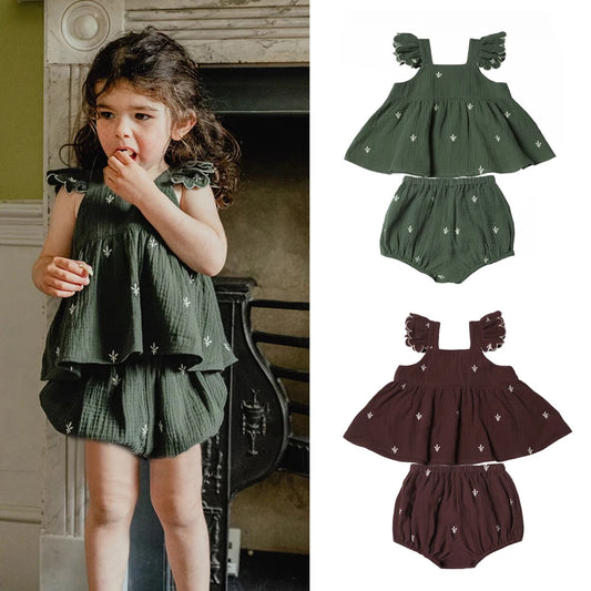 2Pcs Organic Cotton Baby Girl Clothes Sets Ruffles Sleeves Summer Infant Girls Dress + Bloomer Baby Beach Holiday Clothes